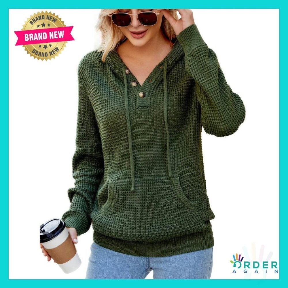 Oversized V-Neck Hoodie Sweater Knit Pullover Long Sleeve with Pockets